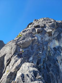 Joe climbing on the lower ridge